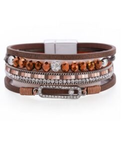 Leren armband met kraaltjes, strass en steentjes