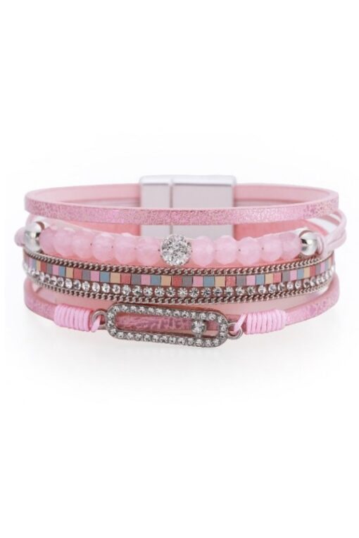 Leren armband met kraaltjes, strass en steentjes