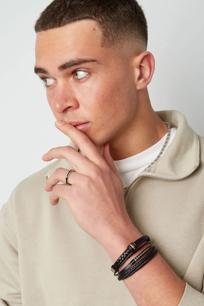 Herenarmband gevlochten met goud/zwarte ringen - Afbeelding 3